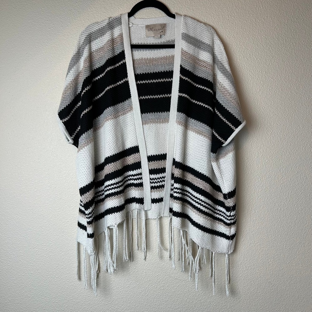 Boho Fringe Sweater Beach Coverup from Ethereal by Paper Crane Cream Black S M L